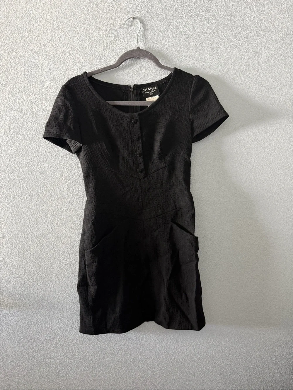 CHANEL Black Short-Sleeve Textured Mini Dress with Front Buttons
